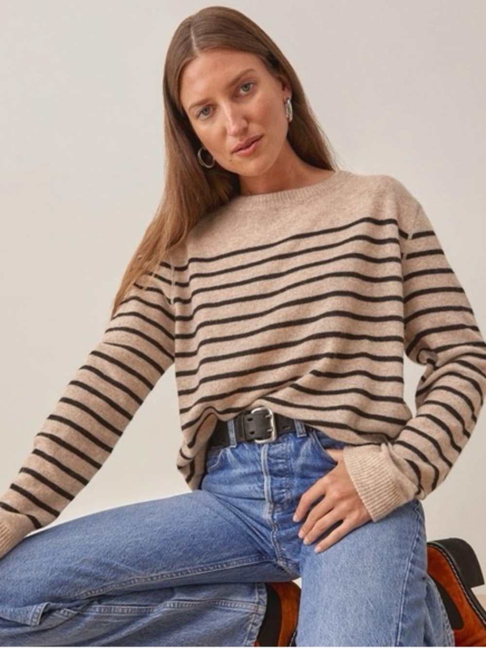 Reformation Cream and Black Crew Neck Sweater